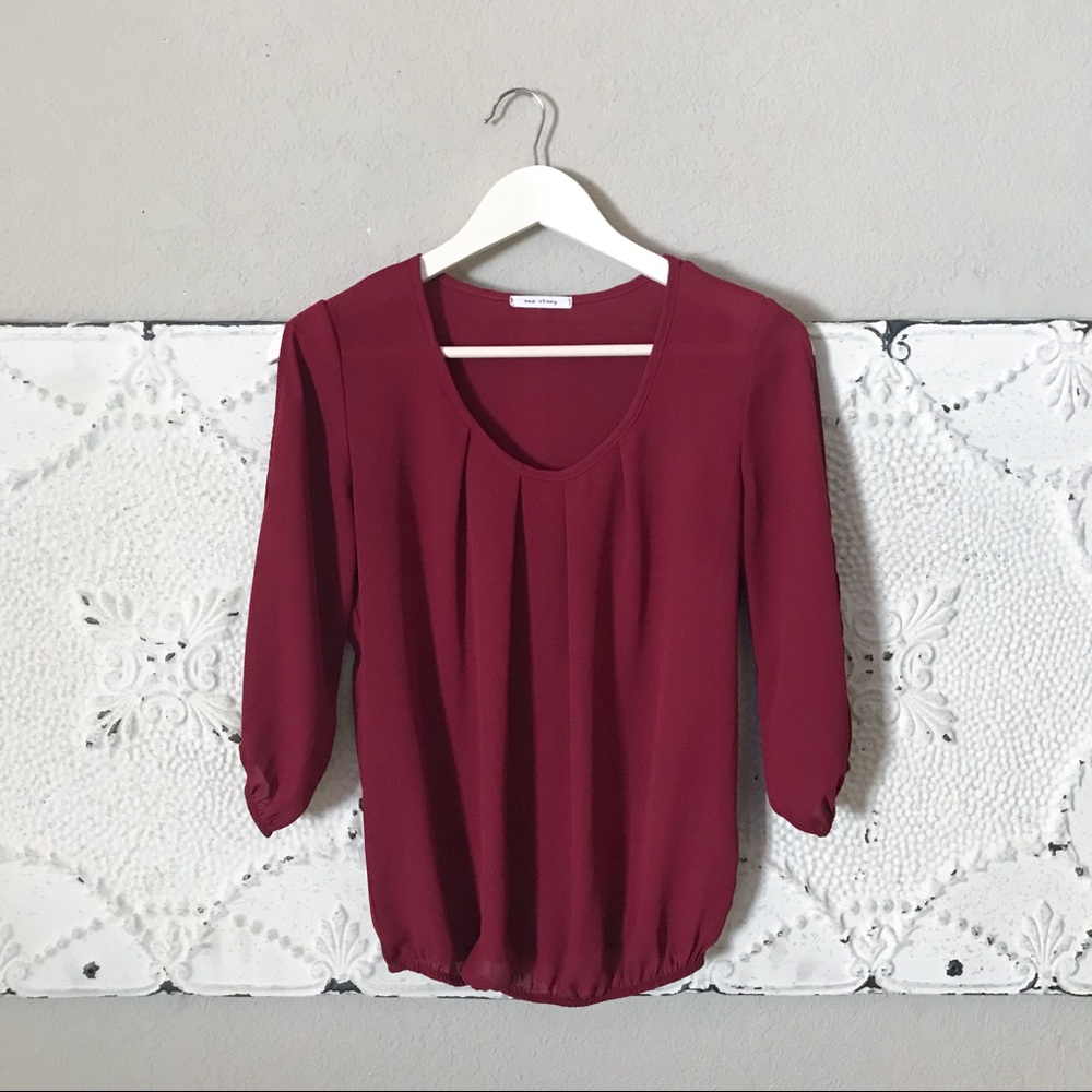 {One Story} Sheer Crimson Pleated Blouse